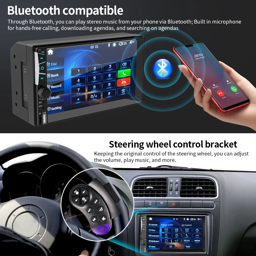 Universal 7'' Car Radio Multimedia Player Android Auto CarPlay Mirror Link Touch Screen Band EQ Stereo For Toyota Nissan Hyundai