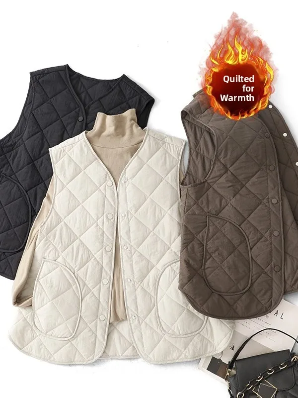 

Casual Versatile Quilted Cotton Vest Jaet Large Size Women's Side ket Cotton Top Thiened Autumn Winter New Arrival