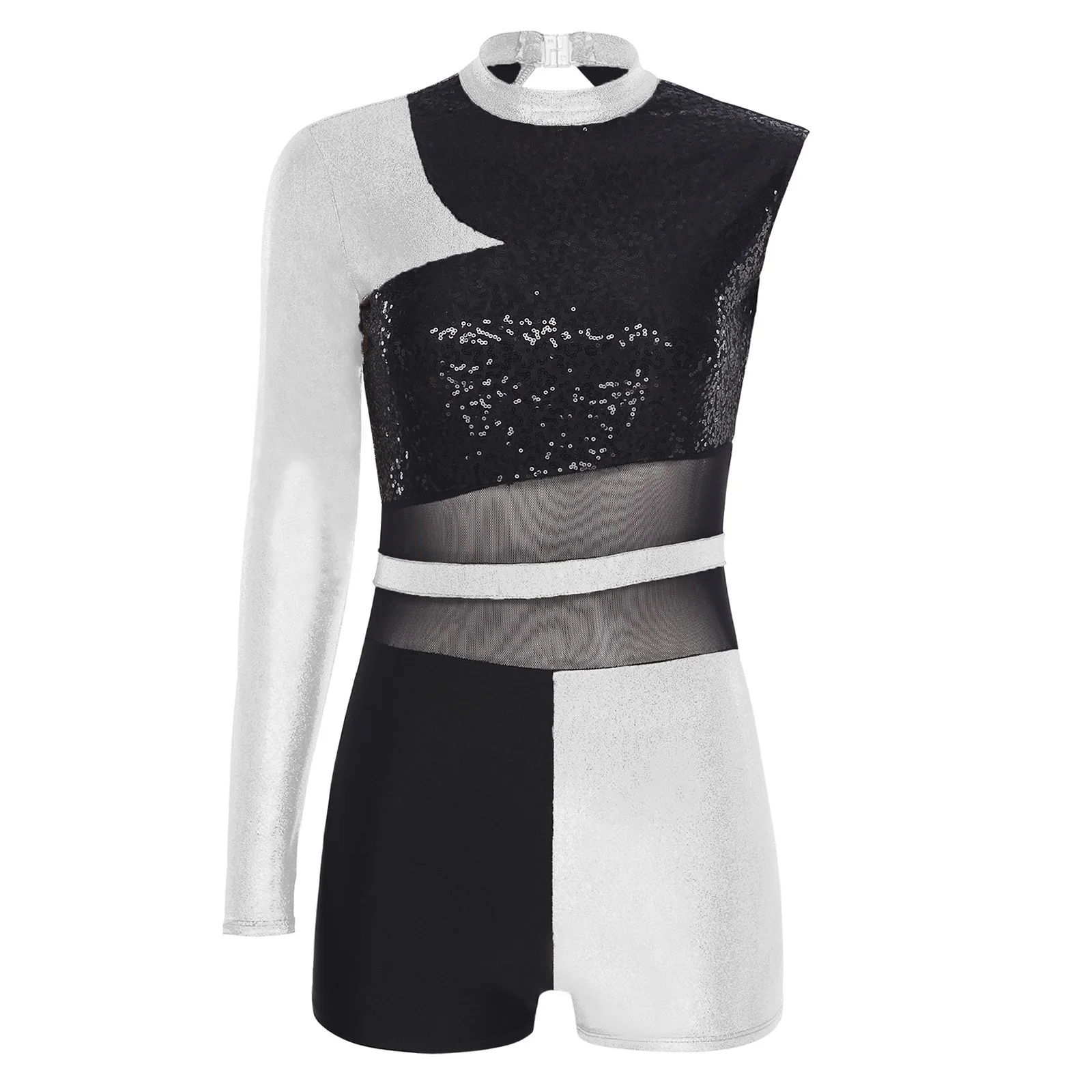 

Women Jazz Dance Costume Performance Jumpsuits Unitards Gymnastics Glittery Sequin Patchwork Metallic Leotards Ballet Dancewear