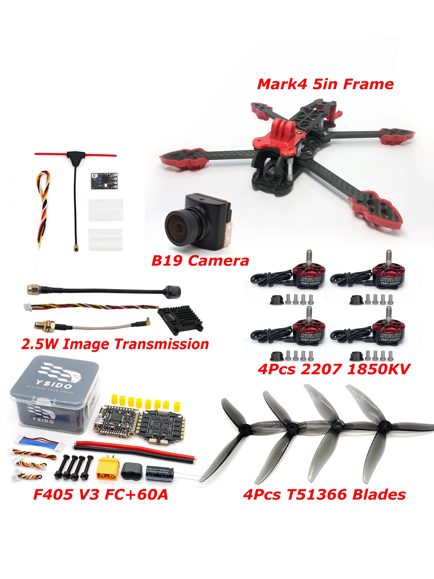 Mark4 5-Zoll-Rahmenset F405 V3 FC 60A ESC Stack 2207 1850KV Bürstenloser Motor Propeller B19 Kamera 915MHz ELRS RC FPV Renndrohne