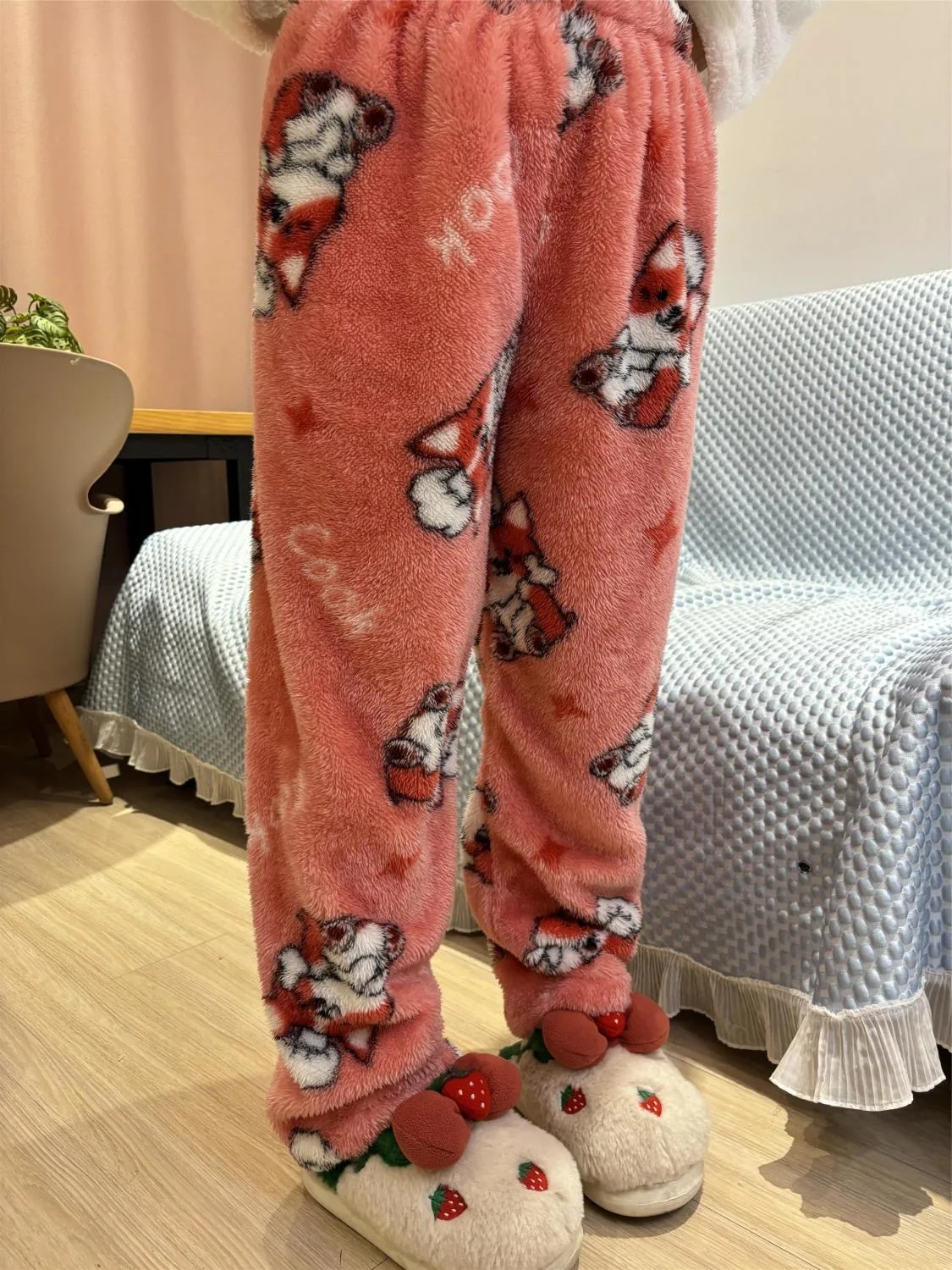 Kawaii Cartoon Pajama Pants Thick Warm Christmas Sleeping Pants Fluffy Pyjamas Women PJ Pants Girls Soft Plush Flannel Sleepwear