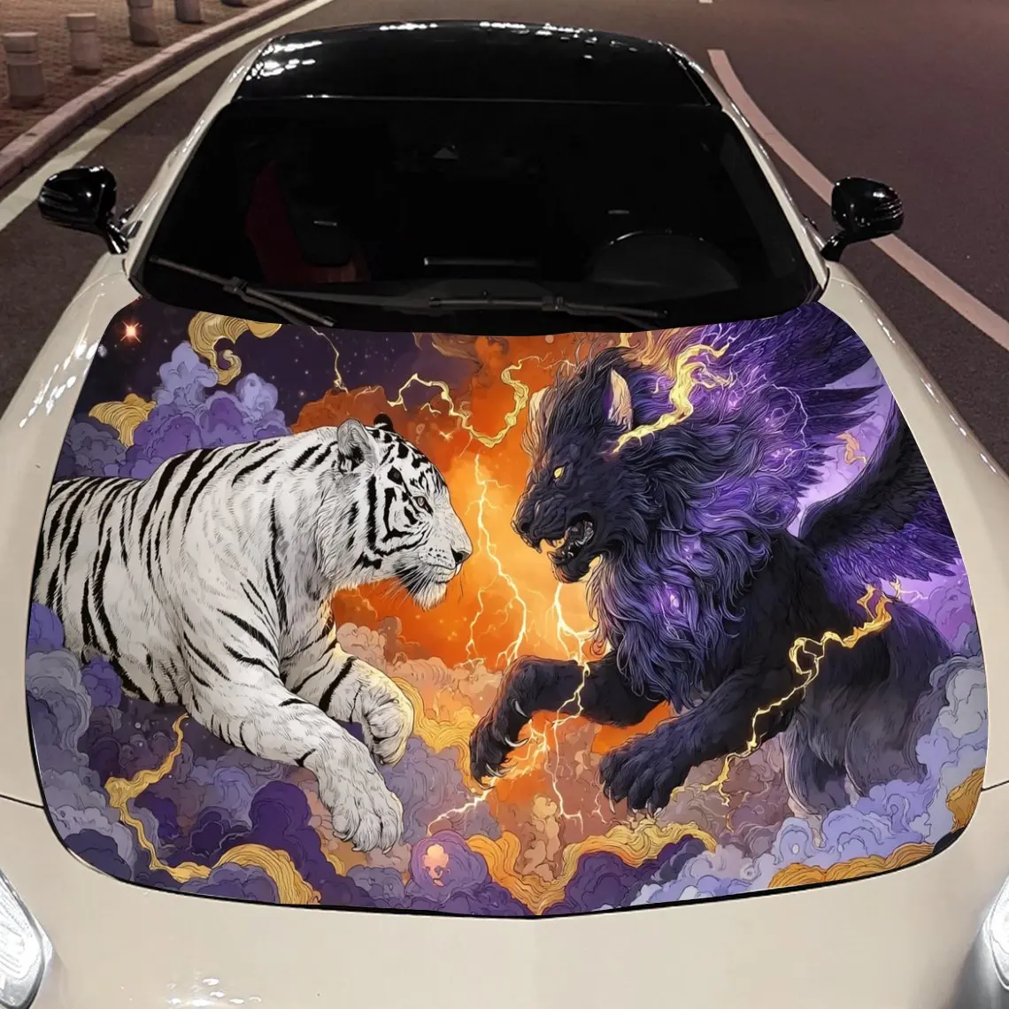 

Orange & Purple Cloud Flame Beast Duel Car Vinyl Wrap, PVC Material Waterproof Car Hood Sticker, Self-Adhesive Scratch-Resistant