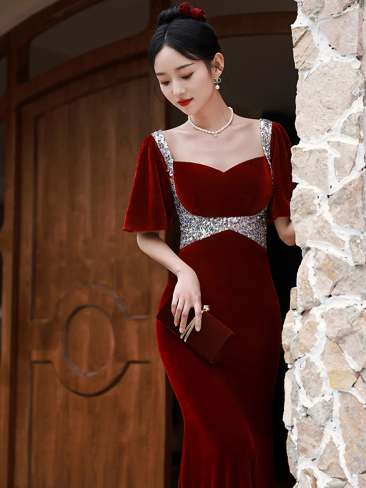 

Ele Velvet Evening Gown for Women Engagement Par Dr Princ Sle Tailored Fit Long Skirt ort Sve Beaded Detail