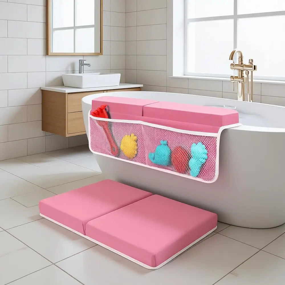 

2-дюймовый толстый комплект для детской ванны и подставки для локтей с карманами для игрушек — быстросохнущий, прочный, нескользящий для безопасного купания (розовый)