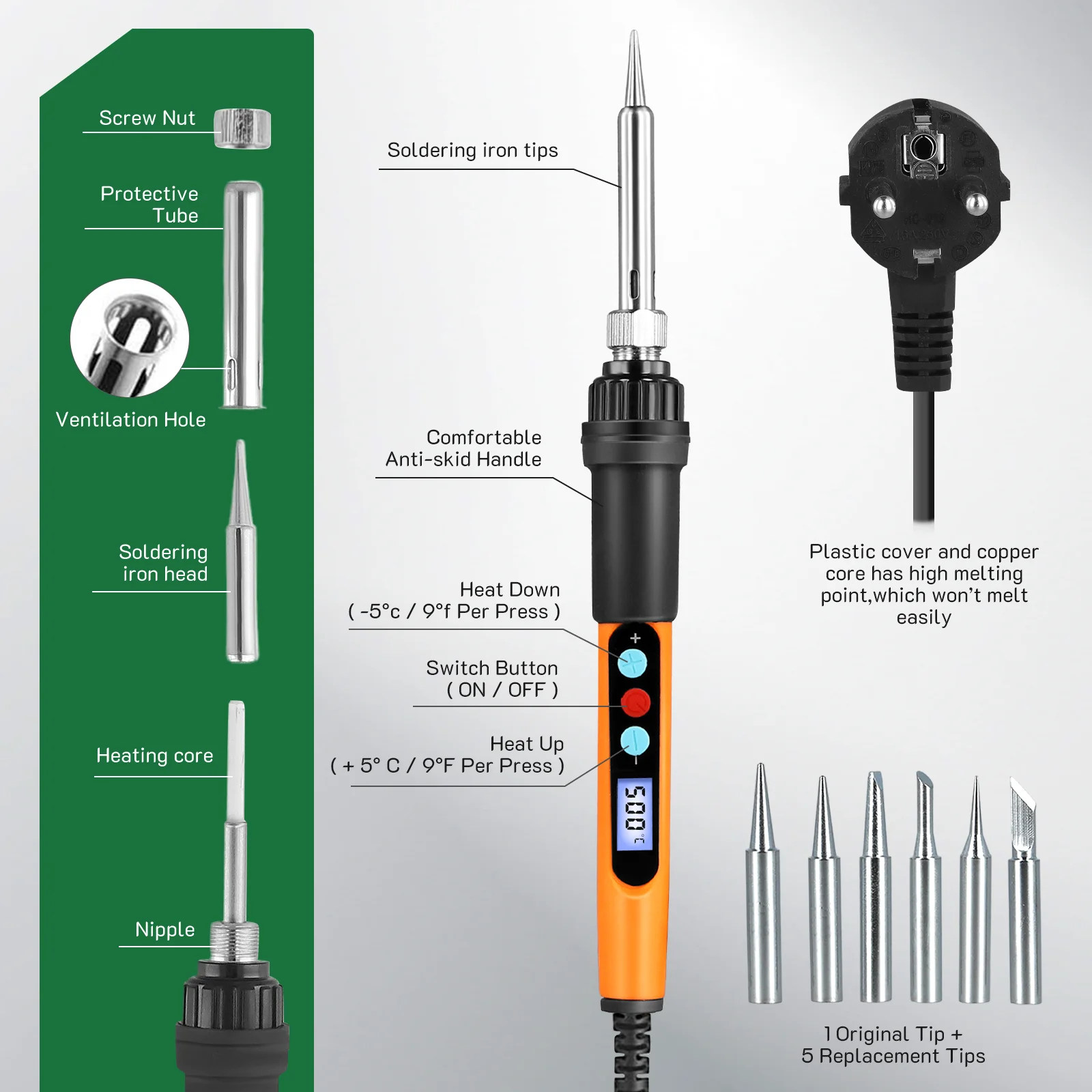 Soldering Iron Set 100 W LED Soldering Iron with Temperature Adjustable 180 °C - 500 °C10 g Soldering Wire 5 Soldering Tips