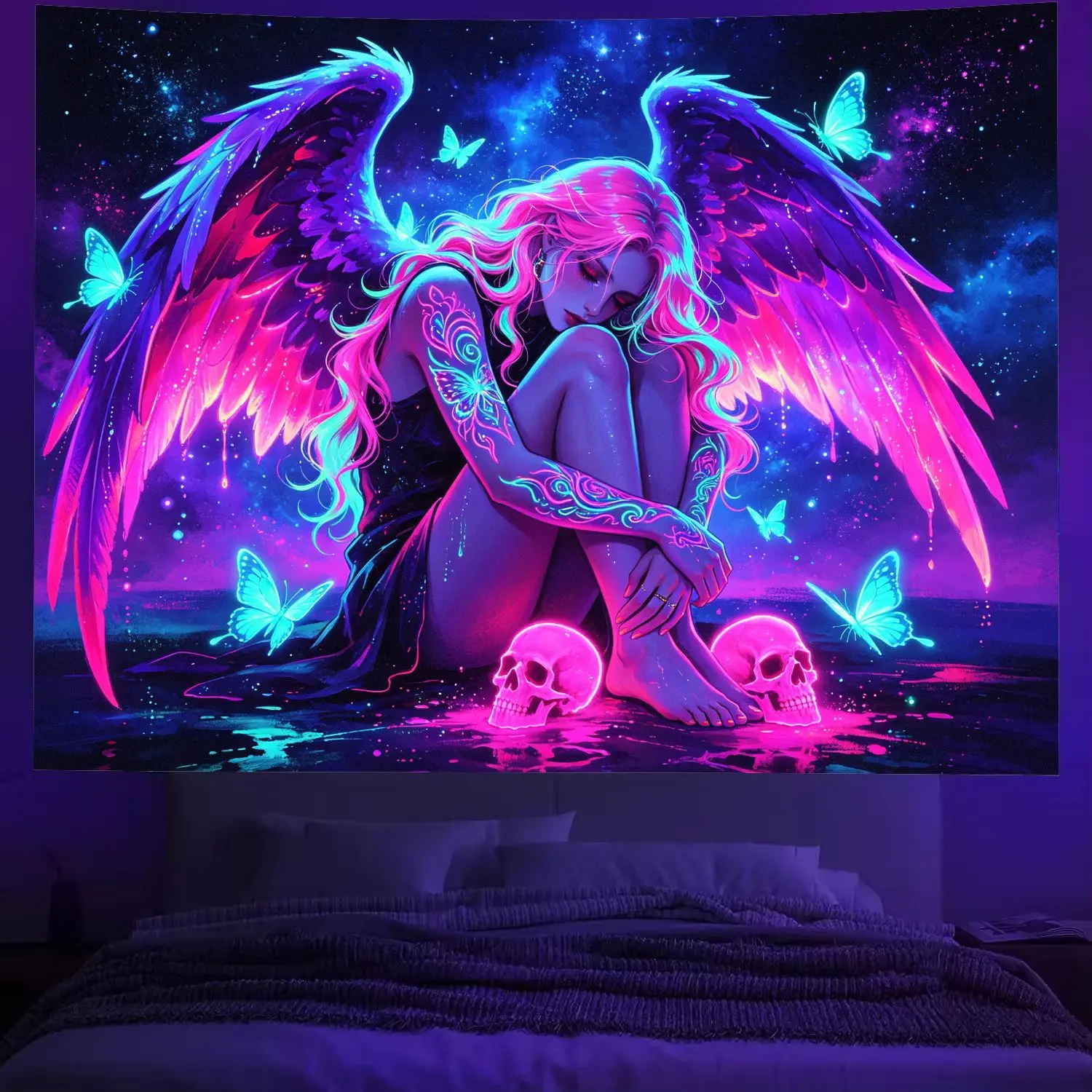 VIKAMA Neon-Style Angel Skeleton Tapestry, Y2K Wall Hanging for Living Rooms and Bedrooms, Home Decor