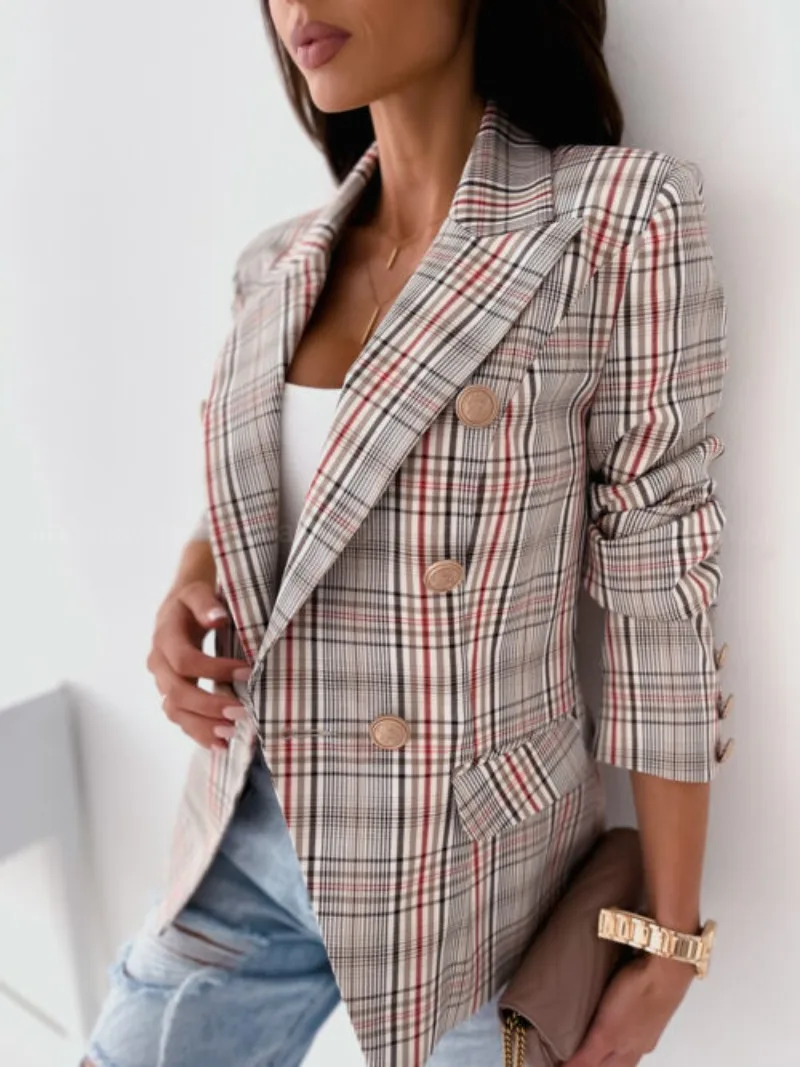 Traje de lana grueso y cálido para otoño e invierno, chaqueta de traje a cuadros, chaqueta de traje informal con solapa cruzada para mujer