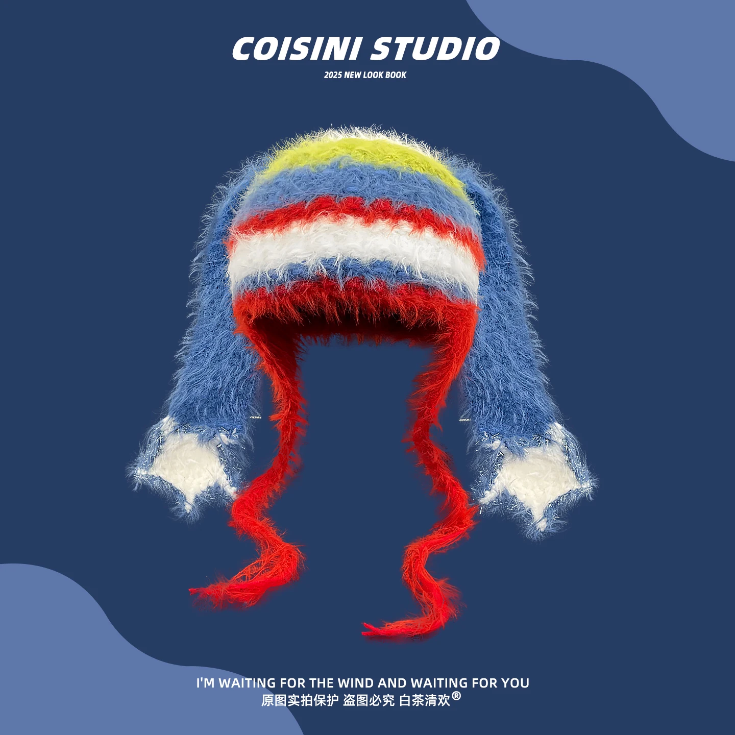 

Niche Color Matching Striped Crochet Knit Long Bunny Ears Plush Beanie Hat Winter Outdoor Warm Ear Protection Cozy Fluffy Caps