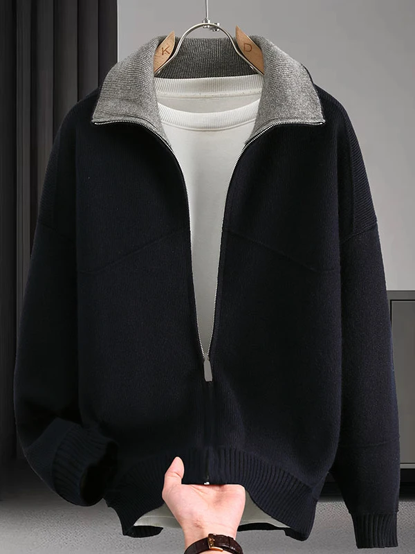 

Модный вязаный кардиган на молнии для мужчин: осенне-зимний теплый повседневный свитер с воротником-стойкой, в стиле пэчворк, универсальный молодежный верхний слой