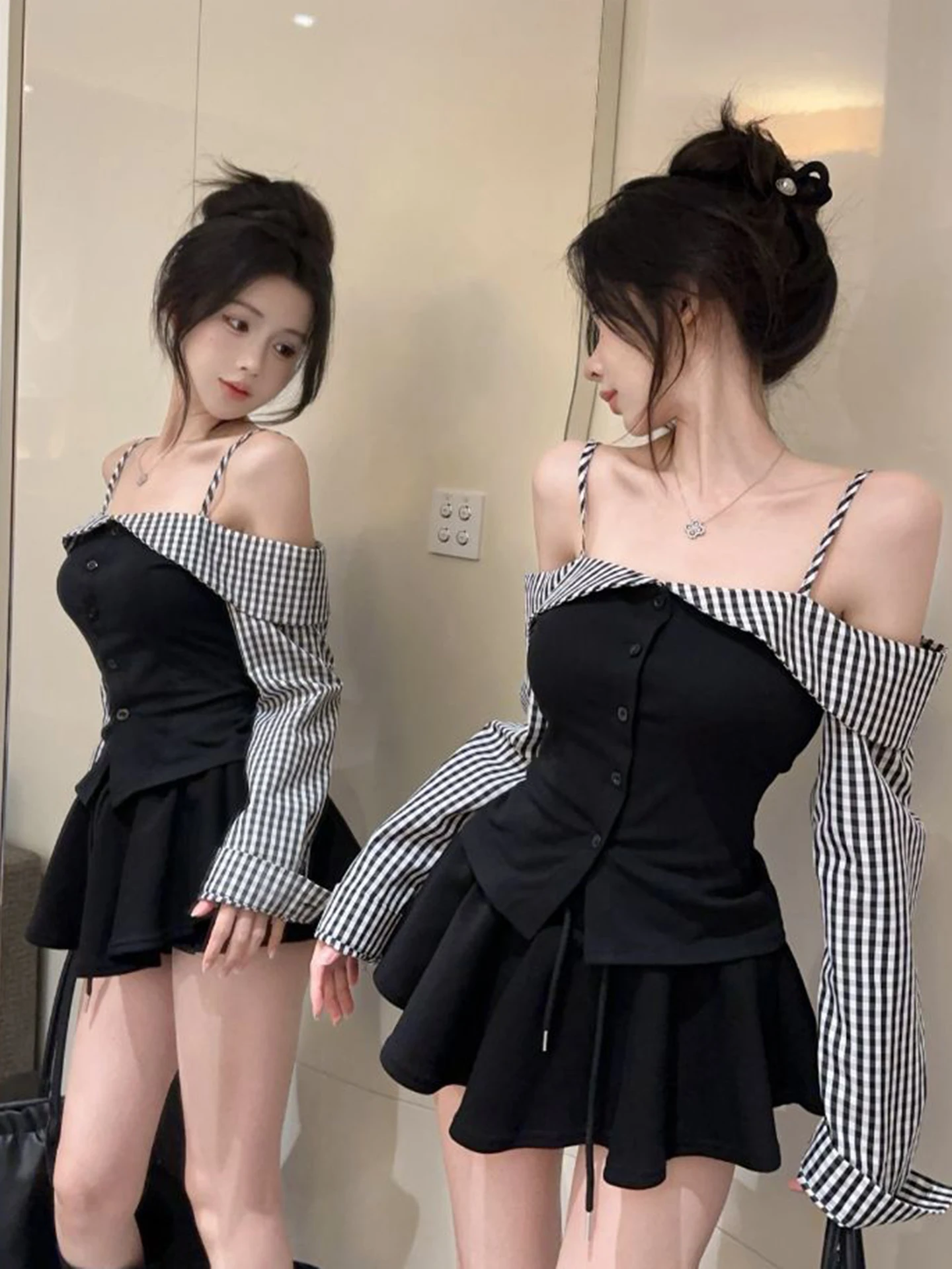 

Корейская милая женская плиссированная юбка на одно плечо Long Sve irt с высокой талией, комплект из двух предметов, модный комплект для поездок на работу...