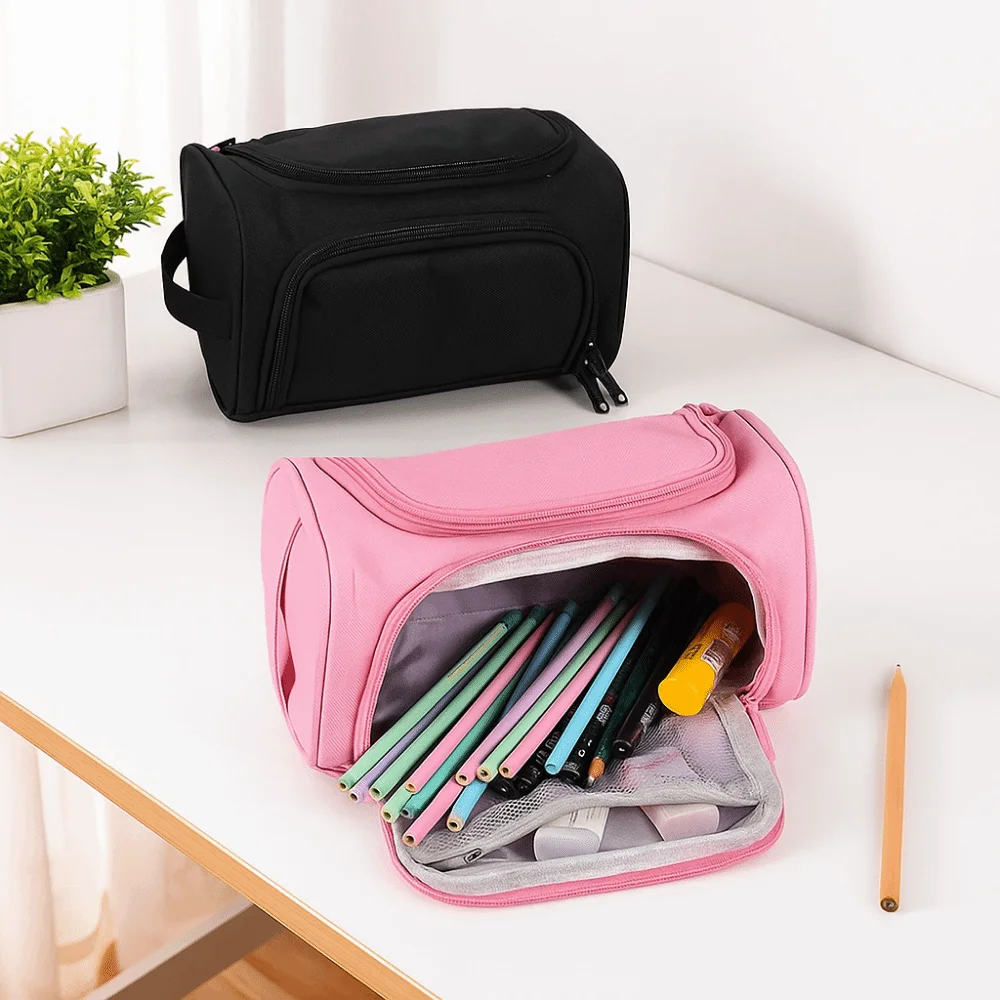 กล่องดินสอสองชั้นผ้าอ็อกซ์ฟอร์ดกระเป๋าดินสอพร้อมซิปความจุขนาดใหญ่เครื่องเขียนออแกไนเซอร์กระเป๋า