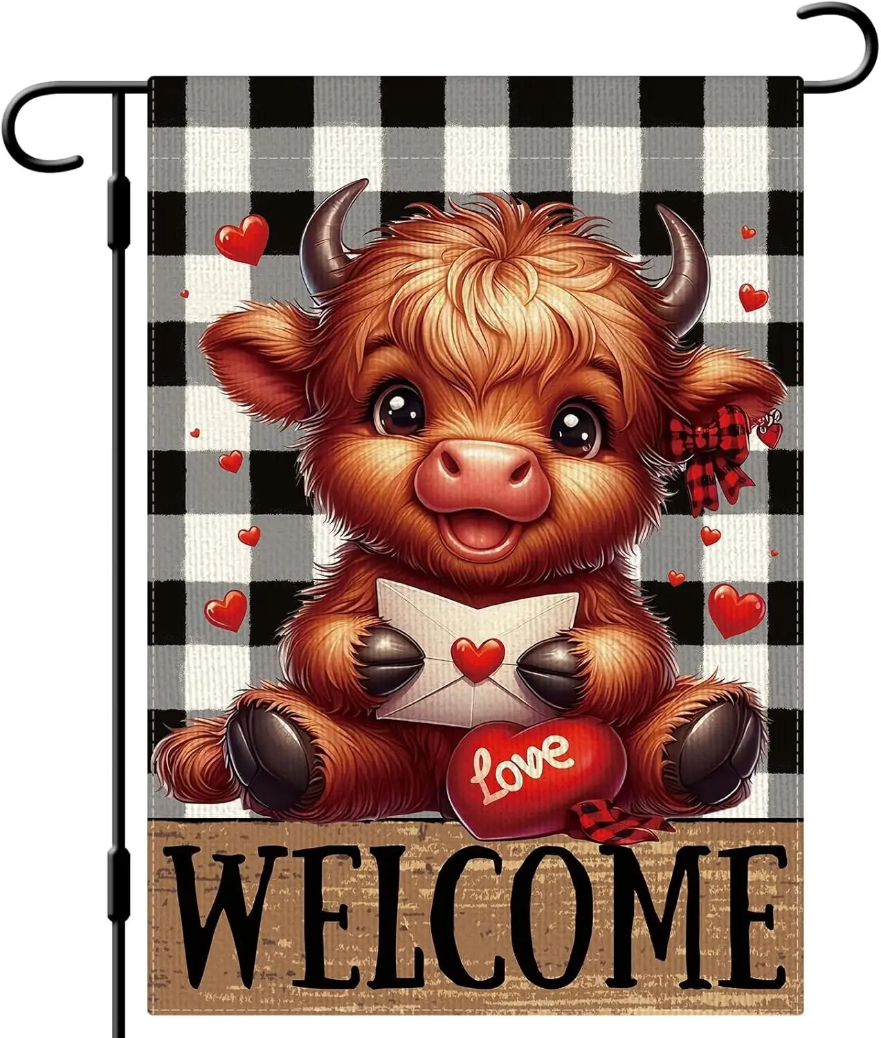 DLZDN Welcome Valentines Day Highland Cow Love Heart Garden Flag 12×18 Inch Double Side Vertical Burlap Farmhouse Yard Sign  LLG