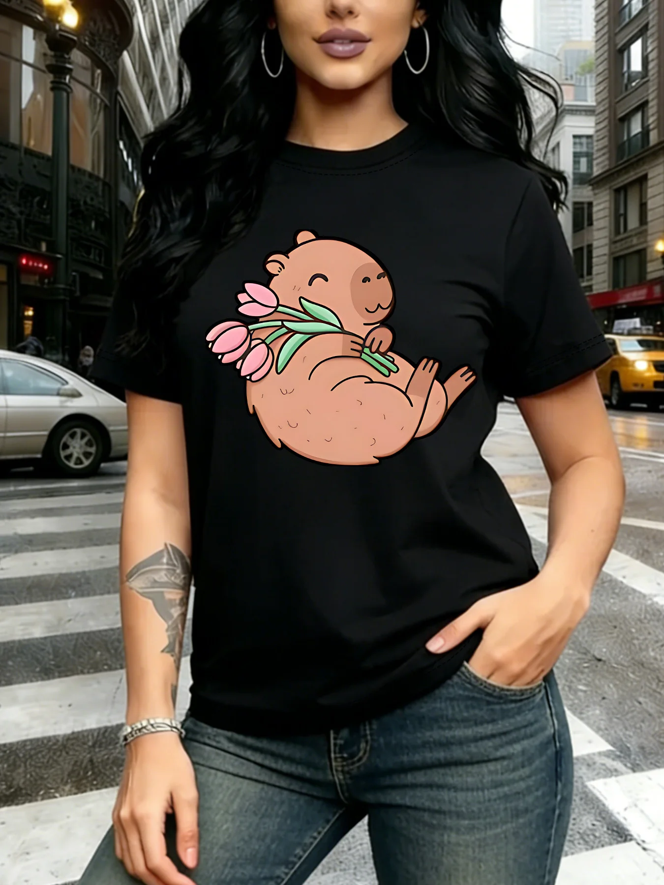 Cute Cartoon Capybara Holding Pink Tulip Flowers Kawaii Art Print Graphic Ladies T Shirt Short Sleeve Crew Neck Casual Tee Tops