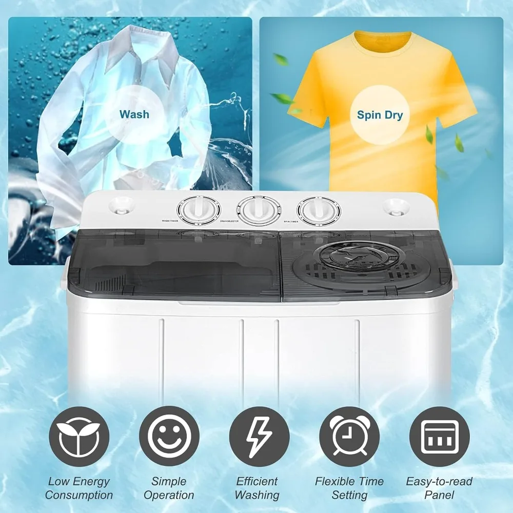 Semi-Automatic Washer, 22Lbs  Twin Tub Washer and Spinner Combo with Drain Pump & 3 Selected Modes, Portable Laundry Washer