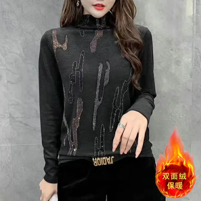 Hot Stamping Self Heating Semi High Neck Warm Top for Autumn and Winter New Double-sided Velvet Long Sleeved T-shirt for Women