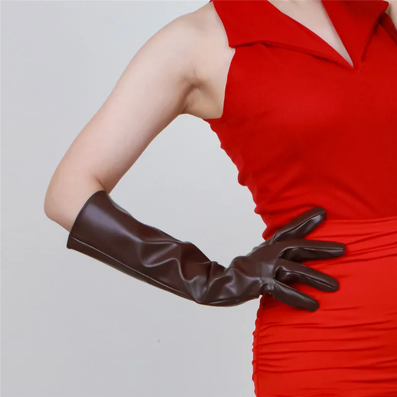 PU Leather Gloves Female 40cm Imitation Sheepskin Faux Leather Matte Gold Women Long Gloves Nightclubs Party Cosplay HPU68