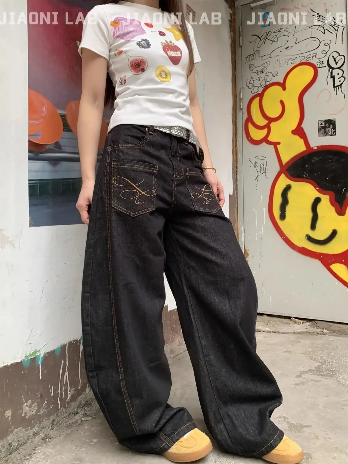 Pantalones vaqueros bordados Vintage para mujer, Pantalón recto de cintura alta, estilo Hip Hop, ropa de calle Harajuku Y2K, pantalones vaqueros de pierna ancha, otoño 2025