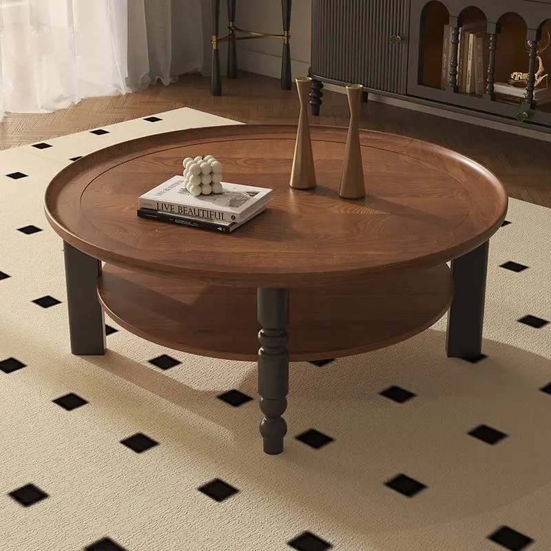 French retro solid wood round coffee table, living room home use, multi-functional American side table