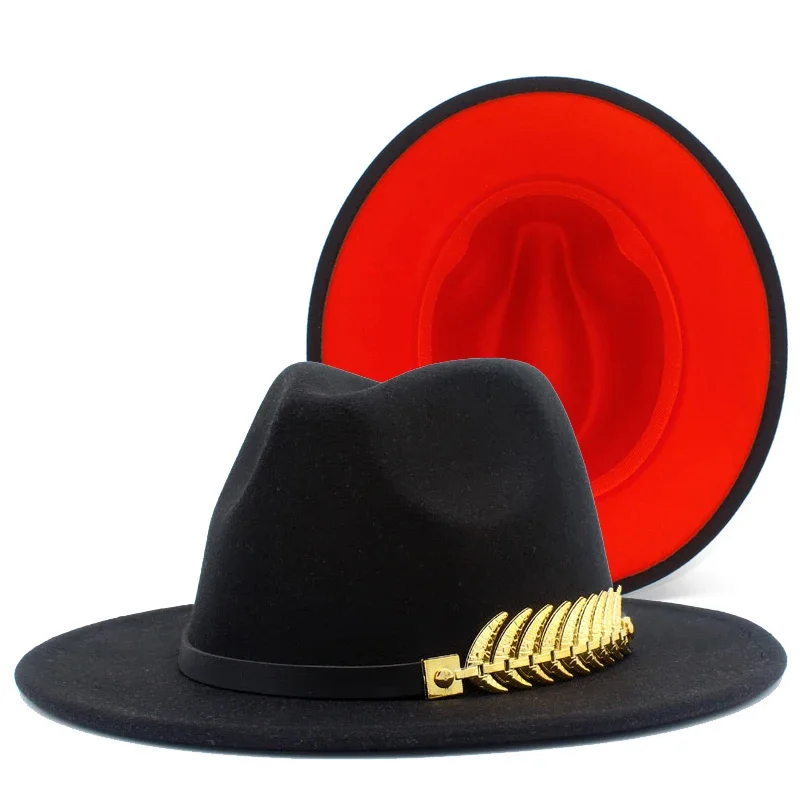 

Fedora Hats Wide Brim Hat Leather Belt Hat Black Red Double Side Adult Jazz Hats Felt Fedoras Cap Derby Trilby hats Chapeau Caps