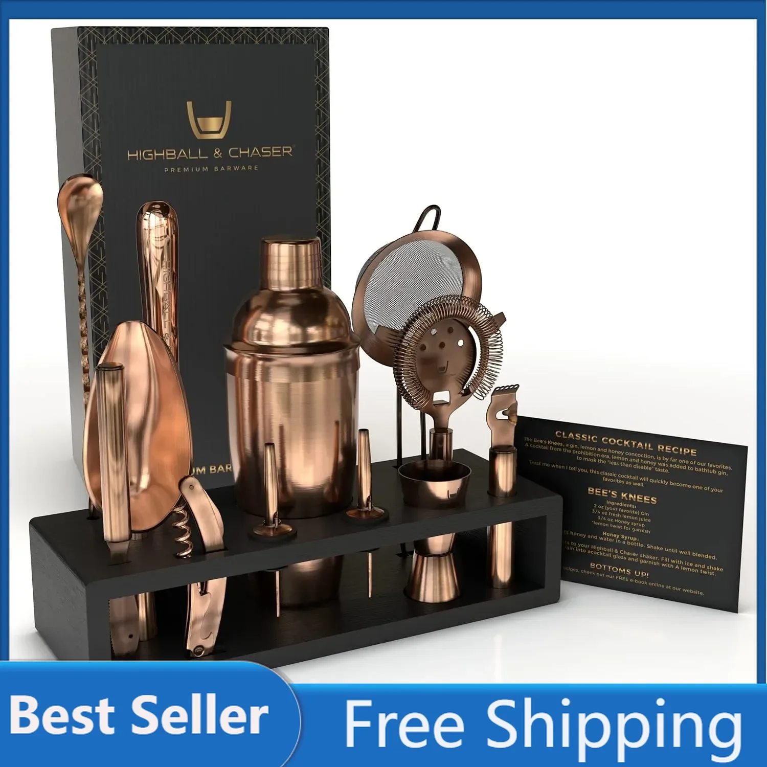 Highball & Chaser 13-Piece Cobbler Cocktail Shaker Set Matte Copper Stainless Steel Bartender Kit For Home Bar Cocktail Set