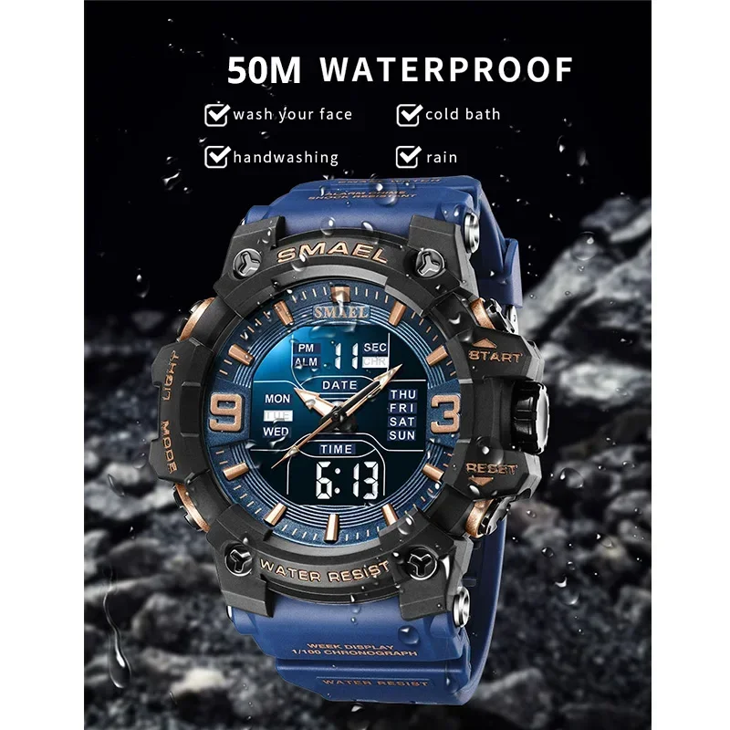 SMAEL 8049 Quartz Watches Sports Time Men Watch Sport Waterproof LED Light Alarm Clock Dual Time Display Week Auto Wristwatches