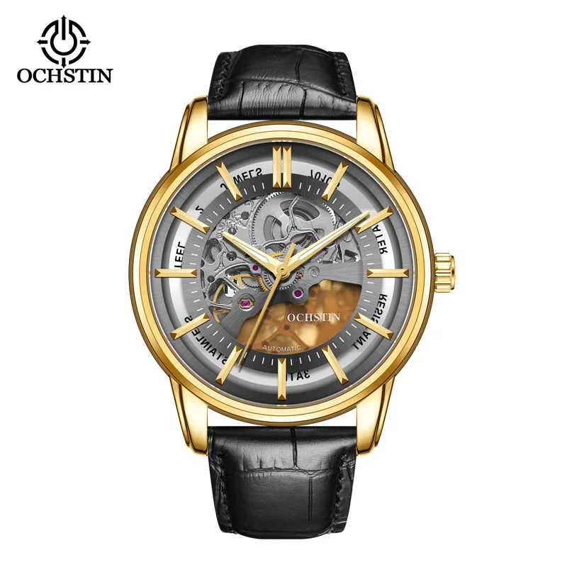 

Мужские автоматические механические часы 43 мм, серебряный корпус из нержавеющей стали с кожаным ремешком, полый дизайн со скелетом, наручные часы для мужчин