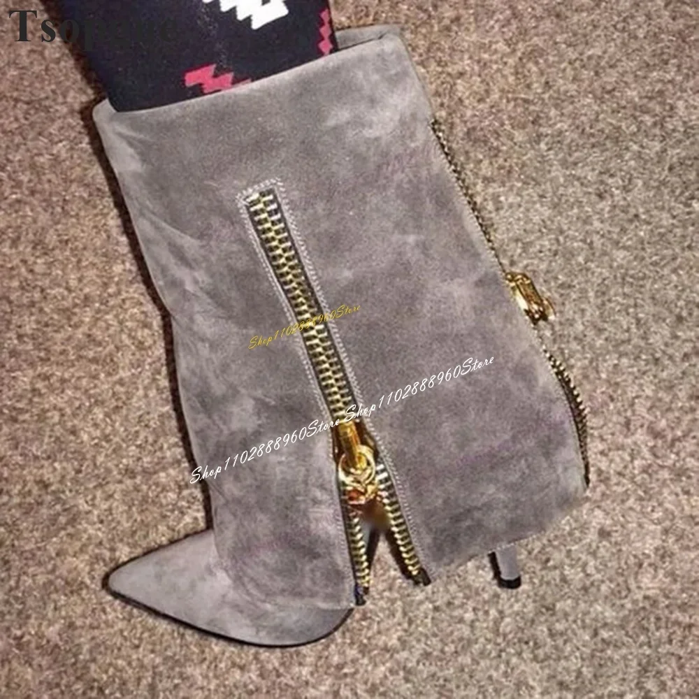 

Gray Suede Metal Zipper Pointy Ankle Boots Thin High Heel Shoes For Women Slip On Pointed Toe Luxury Plus Size Women Boots