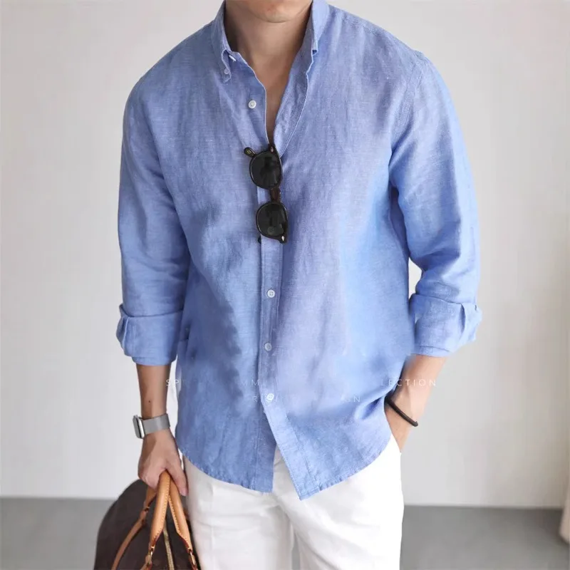 

American Cotton and Linen Work Shirt Men Breathable and Fitted Long-sleeved Business Casual Commuting Shirt Linen Cardigan Thin