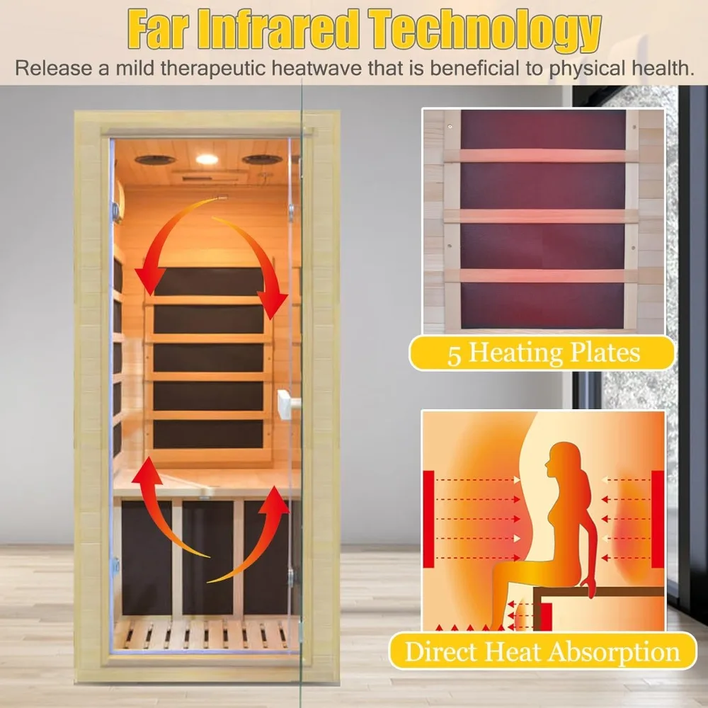 Far Infrared Home Sauna, Dry Personal Saunas Room, Hemlock Wood Sauna with 1200W 5 Heating Panels, Heating Machine Equipment