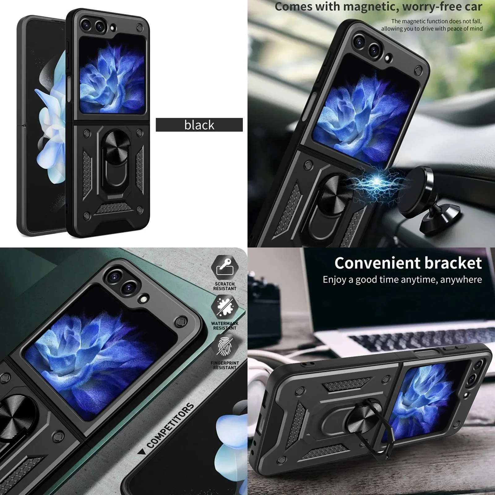 Armor Shockproof Case for Samsung Galaxy Z Flip 7 FE 6 5 4 Protective with Ring Stand Holder Anti-Slip Grip Cover Coque Fundas