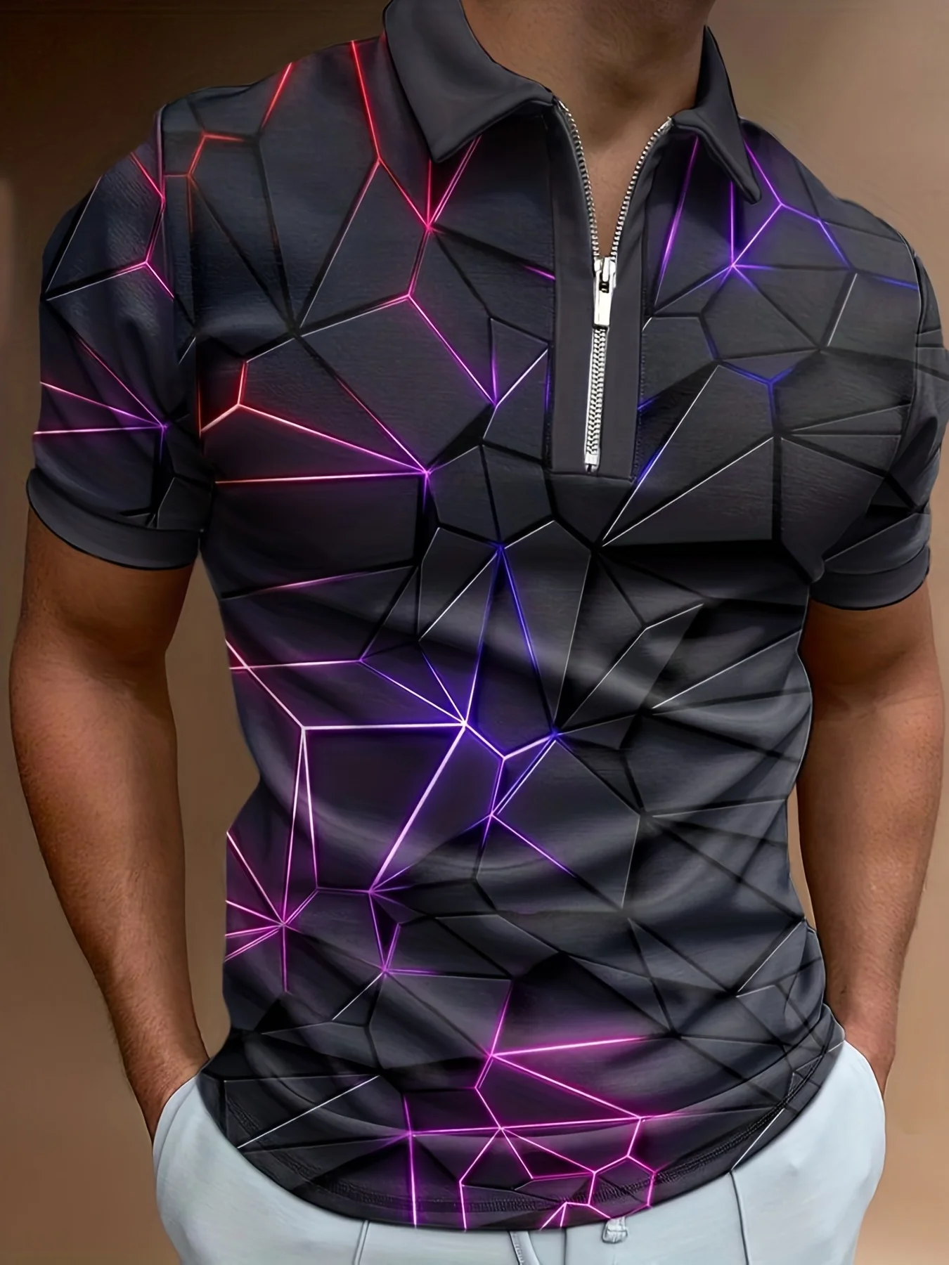 The 2025 summer new men's zipper POLO shirt is a casual fashionable comfortable soft and breathable 3D striped pattern print