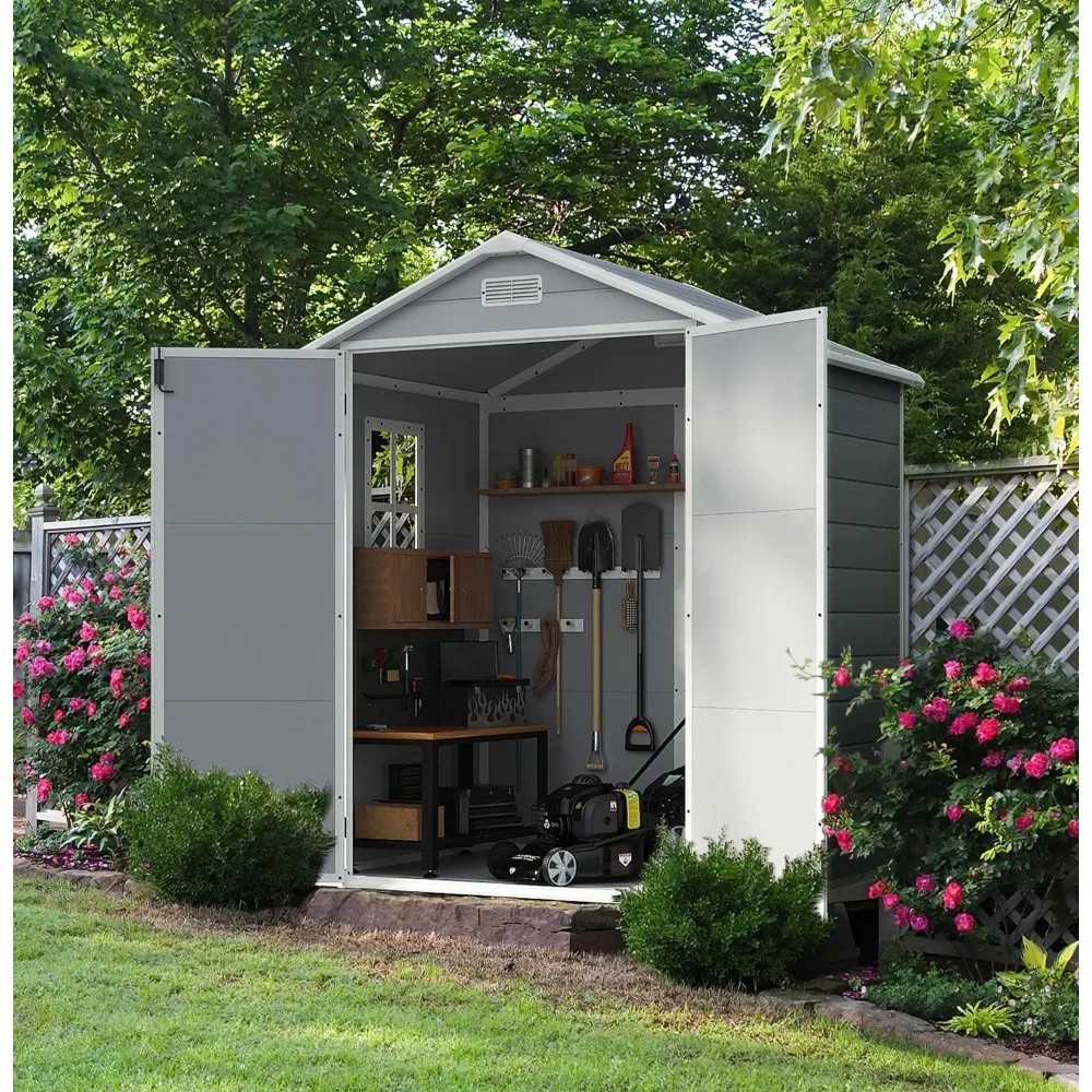 

Outdoor Storage Shed, 6x4 FT Plastic Resin Shed with Floor, Garden Tool Sheds with Lockable Door for Patio Backyard Lawn Pool