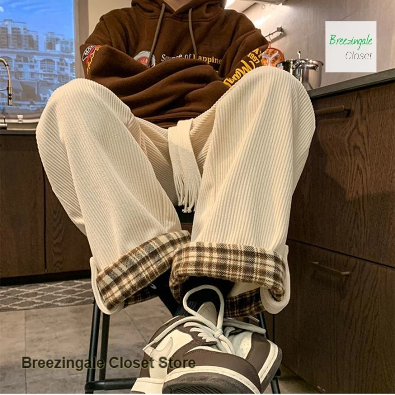 Pantaloni dritti a gamba larga con flangia scozzese in velluto a coste retrò allentato alla moda in stile giapponese Pantaloni casual dal design autunnale e invernale da donna