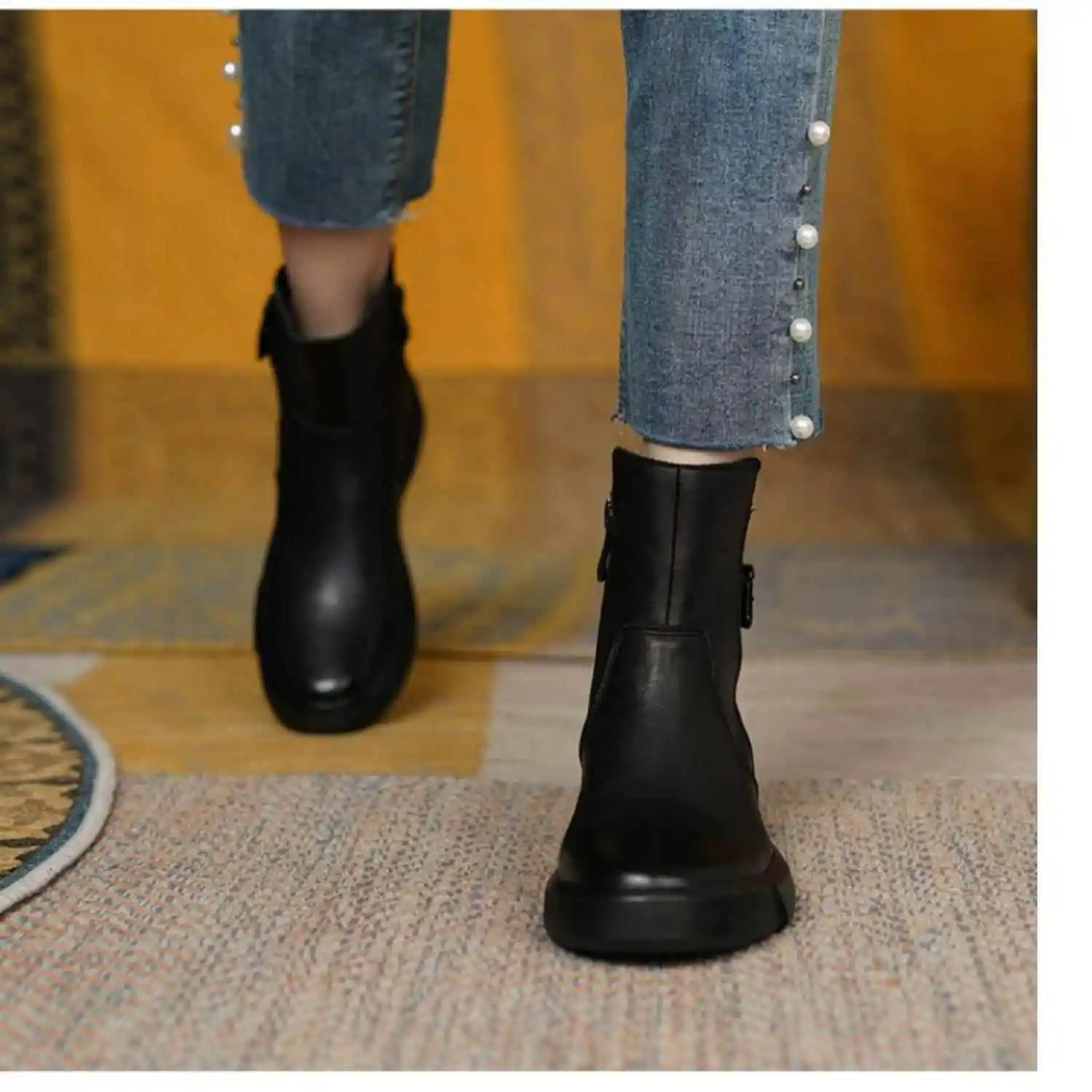 

Casual round Toe Flat Bot Boots Women's Faion Booties Autumn Winter Seasonal Slip-On Boots Leather Closure