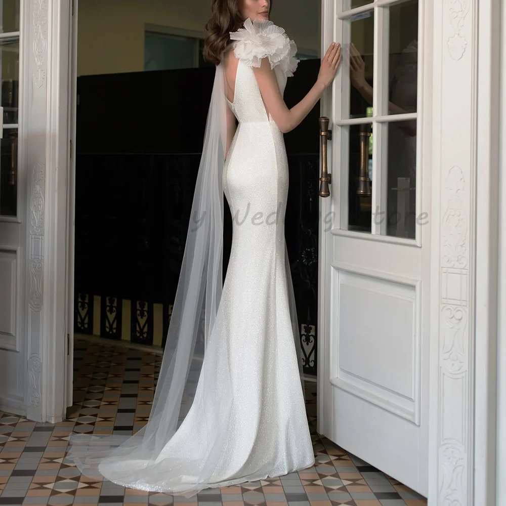 Elegant Deep V Neck Sparkly Mermaid Wedding Dress 3D Floral Shoulder Detail High Slit Bridal Gown With Sheer Tulle Train