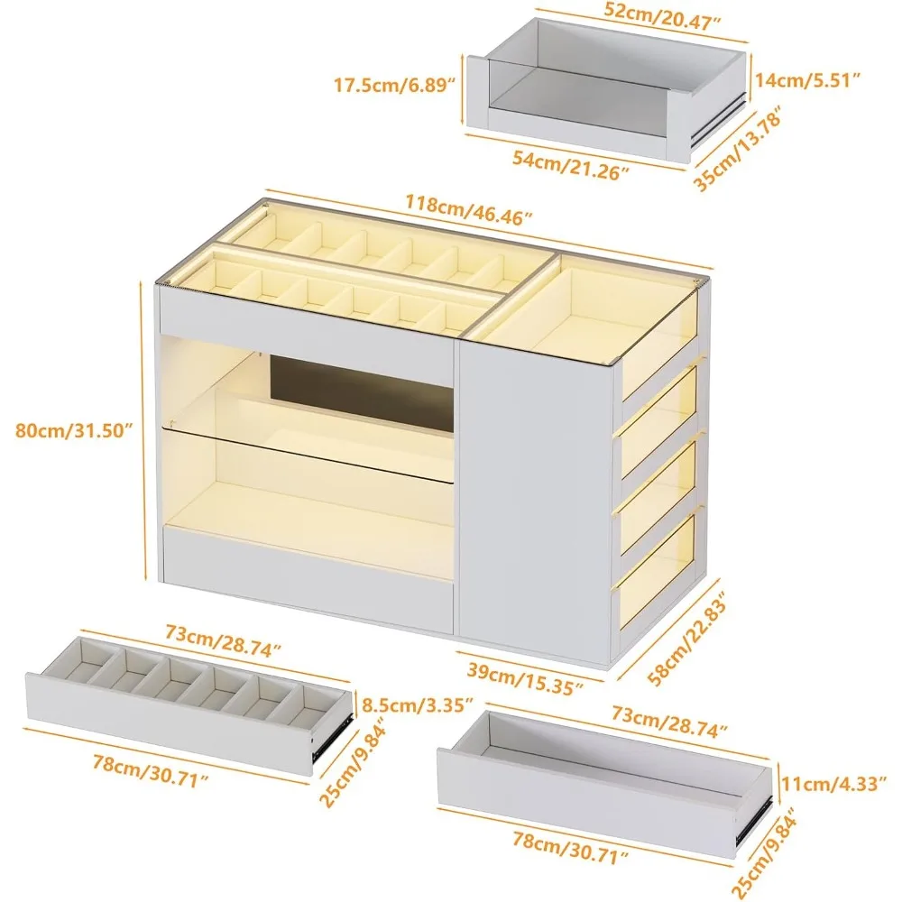 Closet Island with Drawers, Glossy Wardrobe Island, Makeup Vanity Storage Island with Glass Tabletop&LED Light, Island Dresser