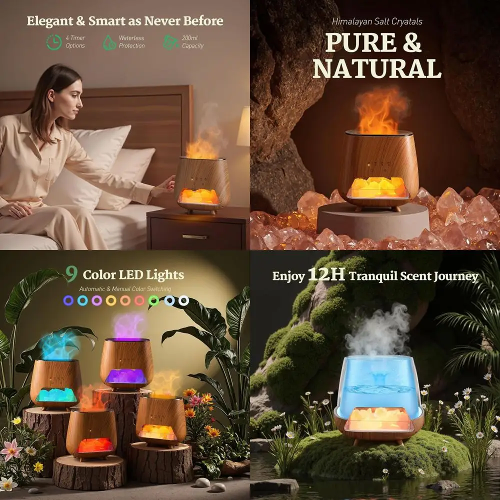 

200ml Aromatherapy Diffuser with Himalayan Salt, LED Night Light, Auto-Off, and Cool Mist for Bedrooms