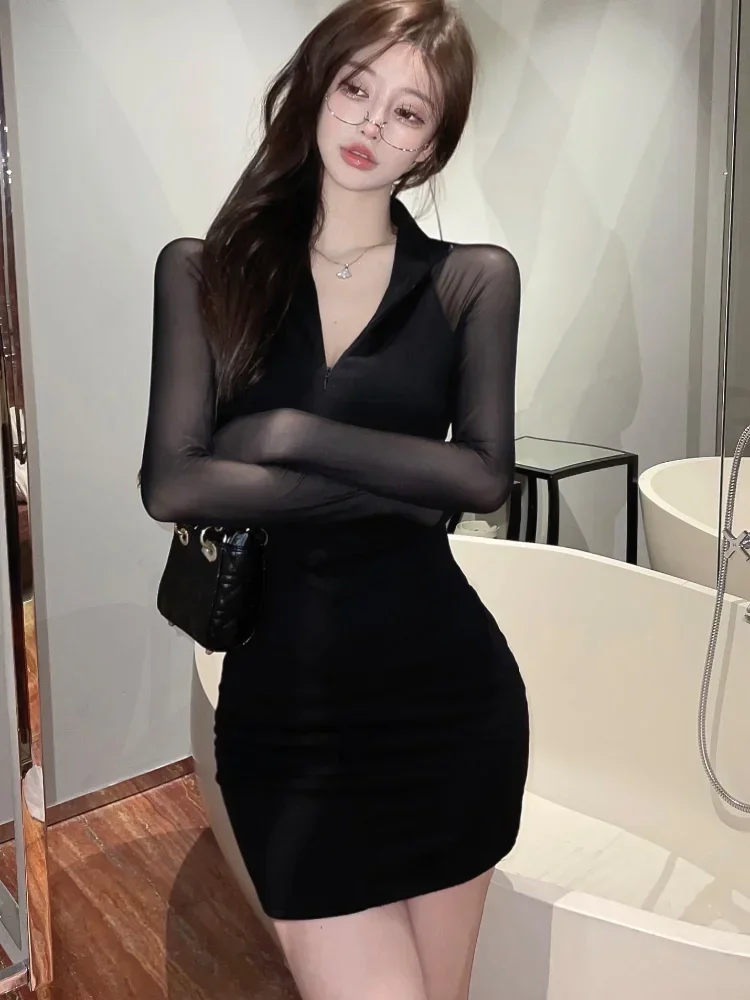 Sexy V-neck Dress Women Mesh Patchwork Skinny Pure Mini Attractive Vestidos Mujer Summer Streetwear Vintage Ulzzang Temper New