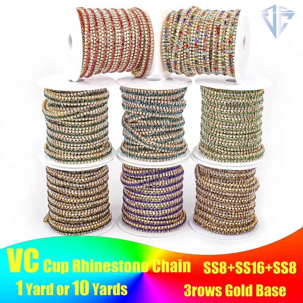 3Rows 1 and 10 yards Crystal AB Glass Sew On Rhinestone Cup Chain With Gold Base Sew On Rhinestone Trimming Chain For Decoration