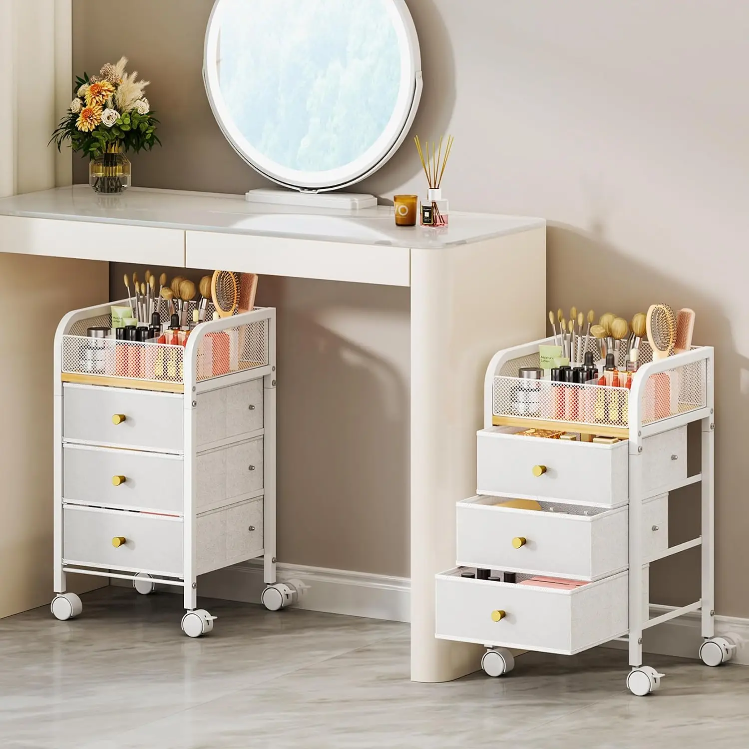Rolling Makeup Organizer Cart with 3 Drawers and Lockable Wheels for Skincare, Cosmetics, and Hair Tools
