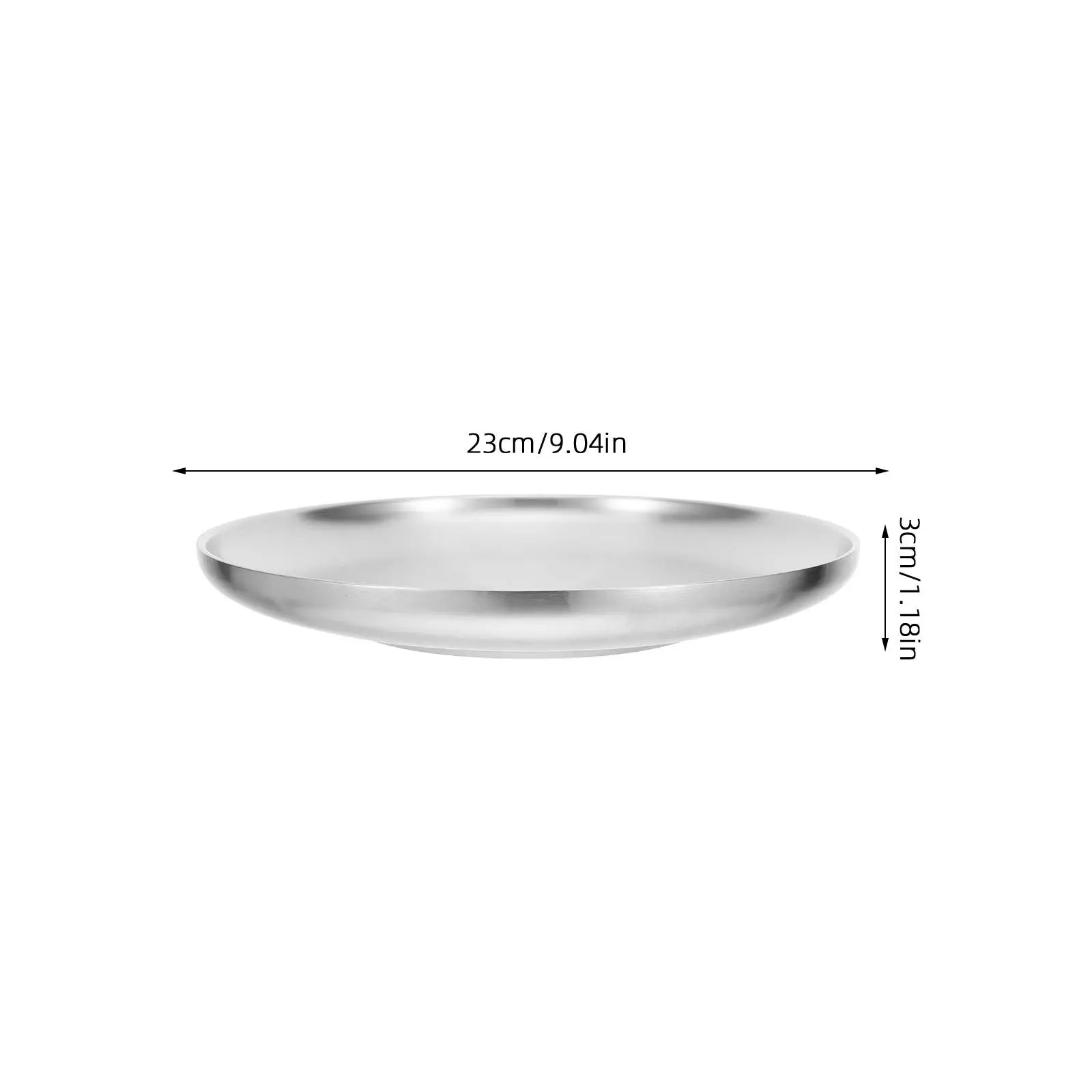 304 Stainless Steel Round Shallow Dish Double-Wall Plate 23Cm Wire Drawing Finish Lightweight Heat Insulated Food Plate