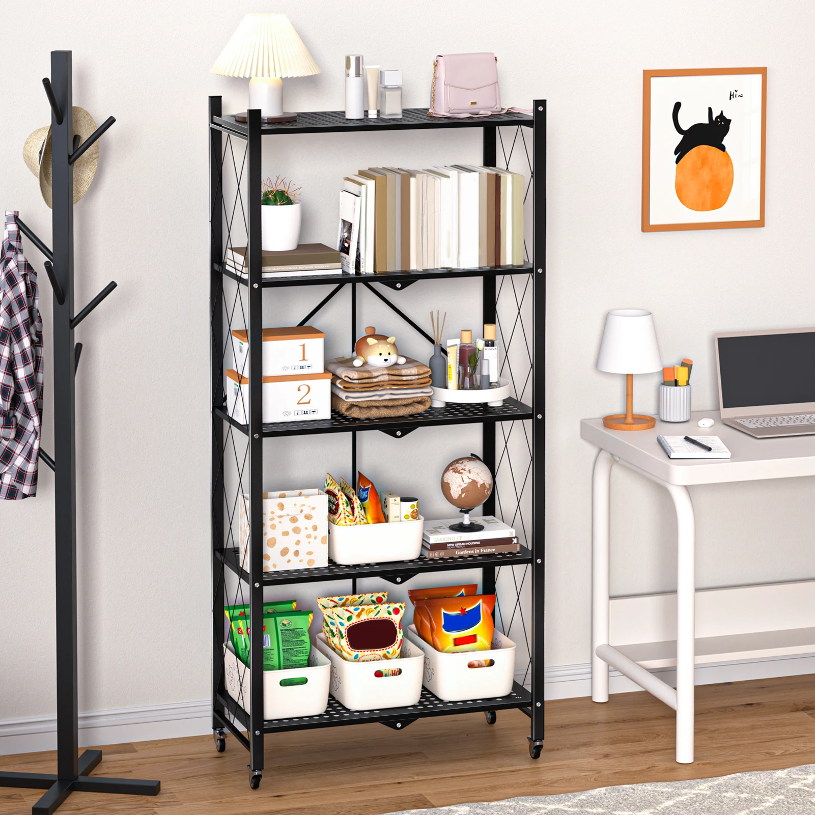 Foldable Storage Shelves Expandable Folding Bookshelf Wheels Collapsible Adjustable Storage Rack Metal Shelves Storage Pantry