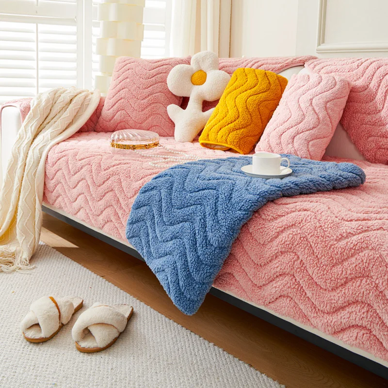 Solid Lamb Fleece Wave Quilted Sofa Cover Winter Plush Anti Slip Corner Sofa Covers for Home Simple Cozy Easy-Care Armrest Towel