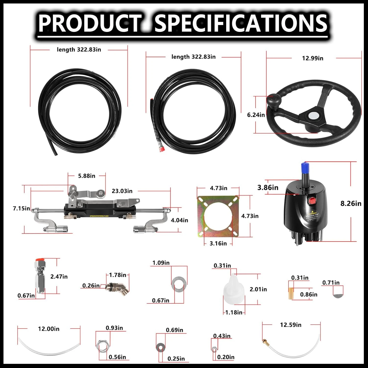 Marine Hydraulic Steering Kit 300HP for Single Station, Single-Engine use Built-in Two-Way Lock Cylinder,with 13