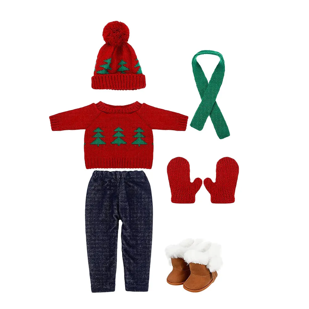 1Set Mini Christmas Outfit Soft Cotton Sweater Pants Hat Gloves Shoes Scarf Holiday Dress Up Clothing for 18In Festive