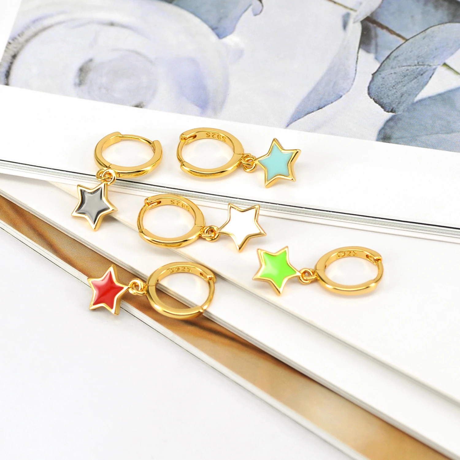 Colorful 925 Silver Needle Enamel Stars/Flower/Heart Shape Pendant Hoop Earrings Cute Girls Jewelry Piercing Earrings For Women