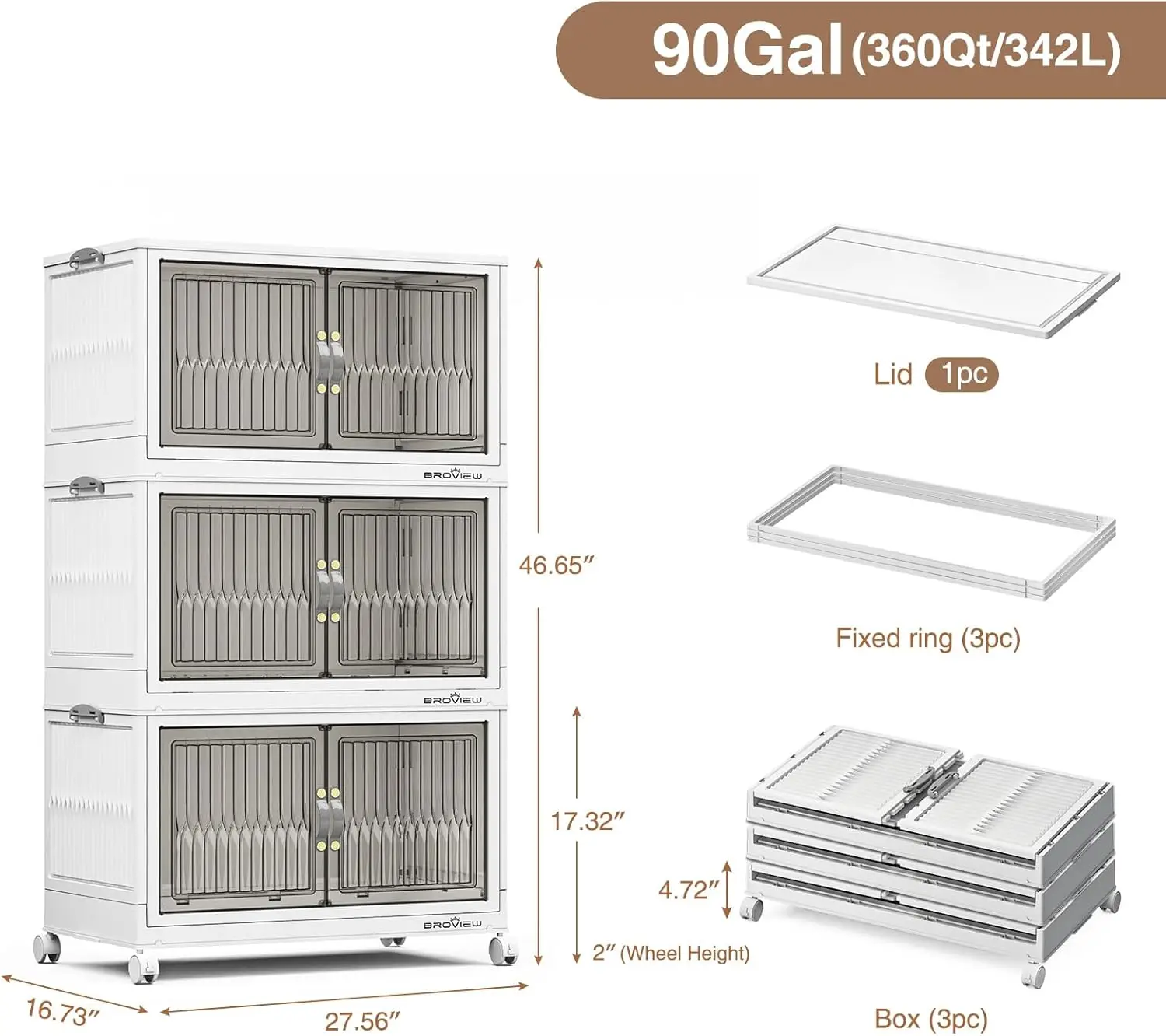 90gal/360qt Plastic Storage Bins with Lid, Closet Organizer and Storage, Stackable Storage Drawer with Wheel