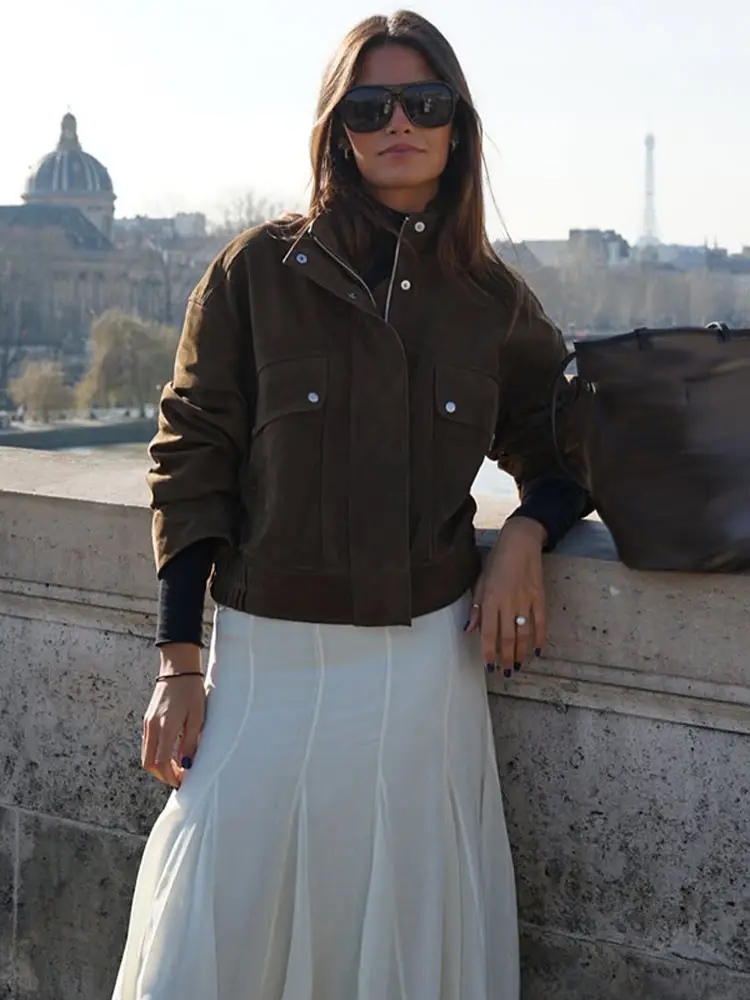 

Zipper Short Coat Women Fashion Brown Suede Full Sleeves Female Loose Jackets 2025 Spring Autumn New Stand Collar Casual Outwear