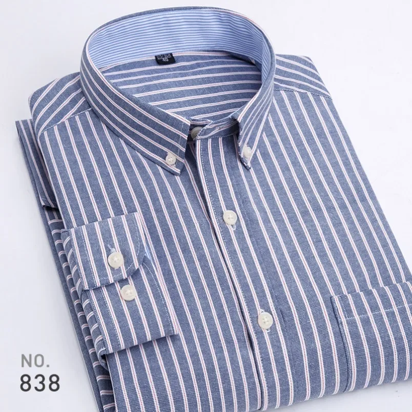 High Quality Mens Cotton Oxford Striped Single Patch Pocket Long Sleeve Regular-fit Comfortable Casual Button-collar Shirt