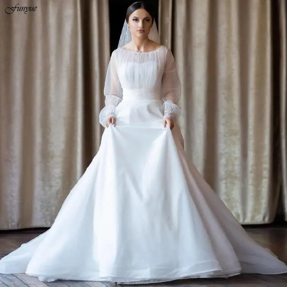 

Funyue Simple White Bespoke Wedding Dress 2024 New Full Sleeves A-Line Princess Boho Bridal Dresses with Veils Vestidos De Novia